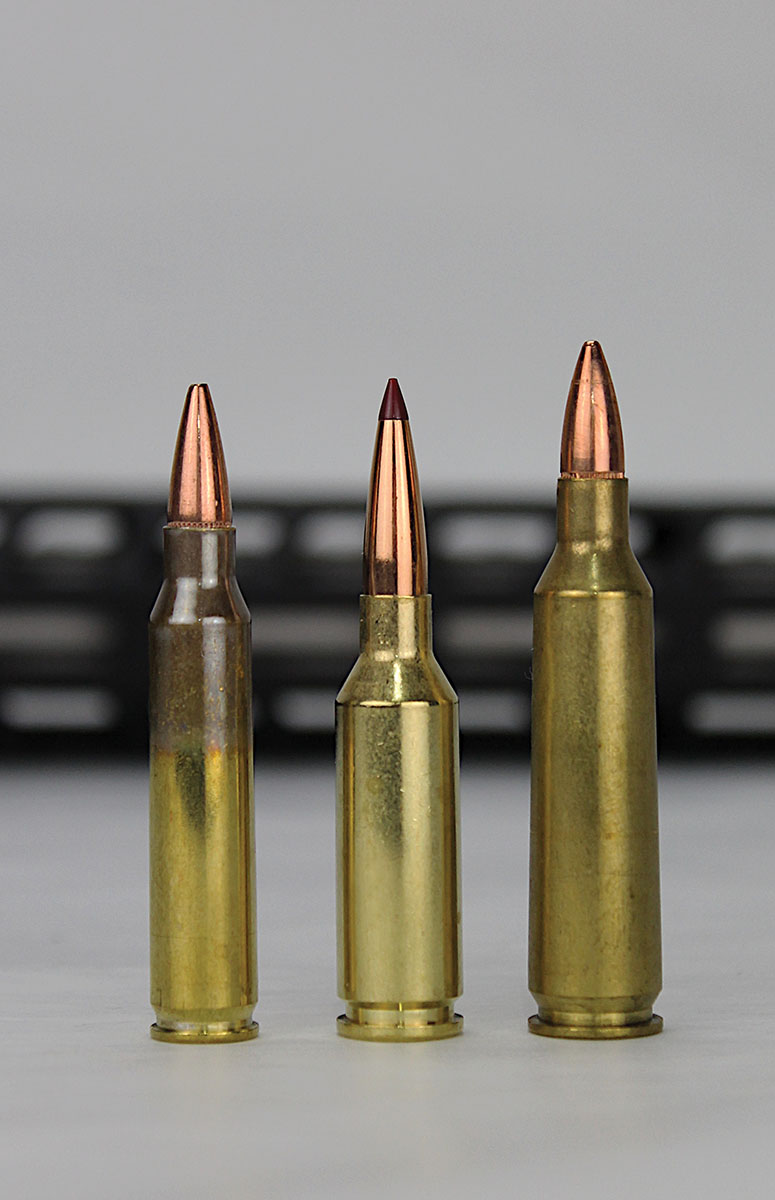 Fast, faster, won’t fit. Left to right, the 223 Remington is way outclassed by the 22 ARC, which barks at the heels of the 22-250 while fitting in an AR-15.